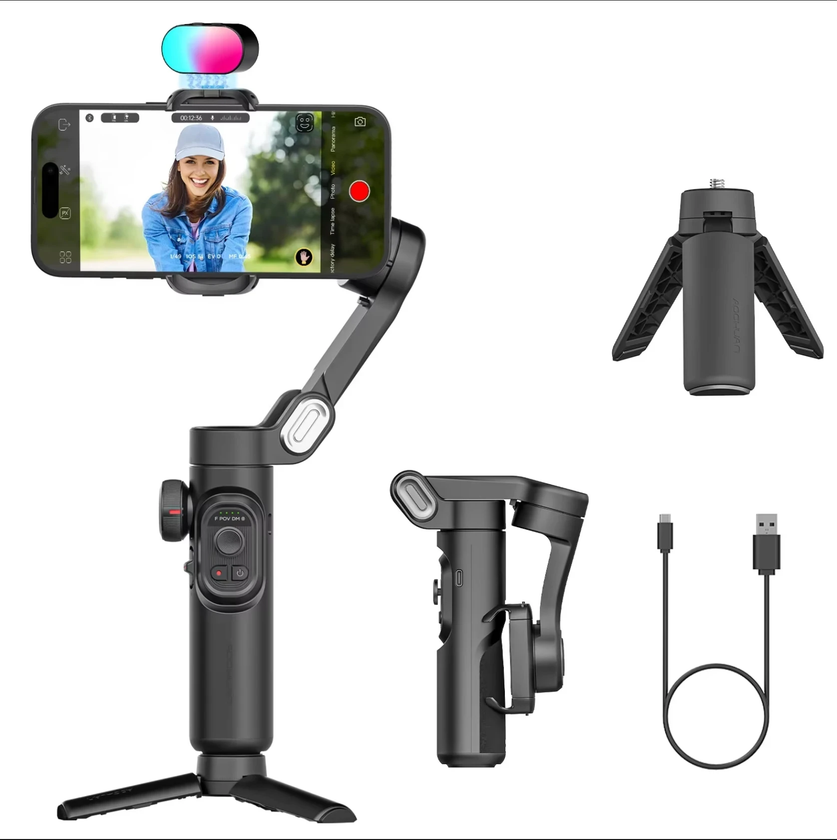Gimbal stabilisateur avec éclairage LED RGB intégré pour filmer en basse lumière