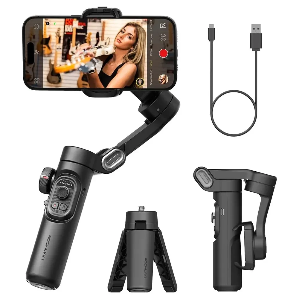 Gimbal stabilisateur 3 axes noir pour smartphone avec trépied et câble